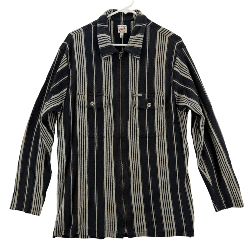 VINTAGE GUESS Jeans Jacket Mens Large Black Gray Striped Zip Front Shirt Shacket